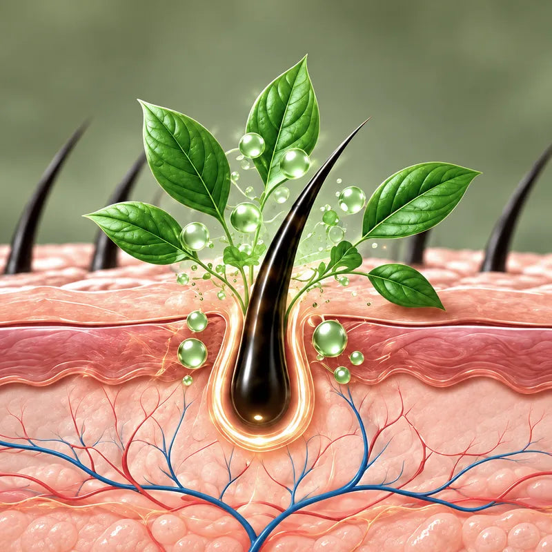 Botanical actives dropping onto the scalp around a hair follicle